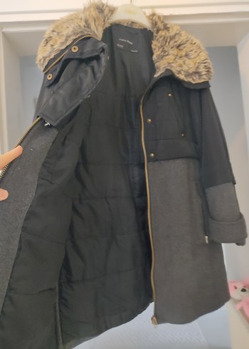 Gri Midi Kadın Ceket, Kürklü Yaka, Rahat Kesim - Görsel 6