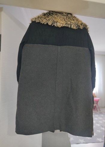 Gri Midi Kadın Ceket, Kürklü Yaka, Rahat Kesim - Görsel 8