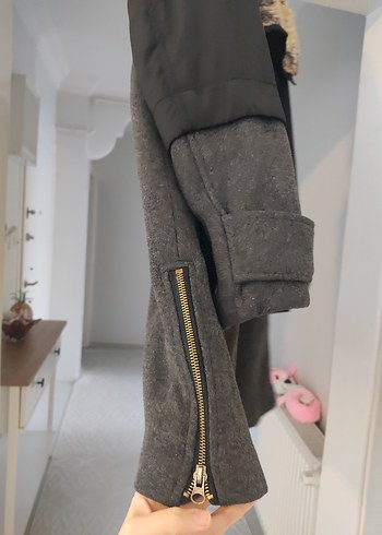 Gri Midi Kadın Ceket, Kürklü Yaka, Rahat Kesim - Görsel 5