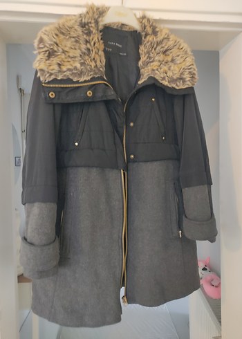 Gri Midi Kadın Ceket, Kürklü Yaka, Rahat Kesim - Görsel 7