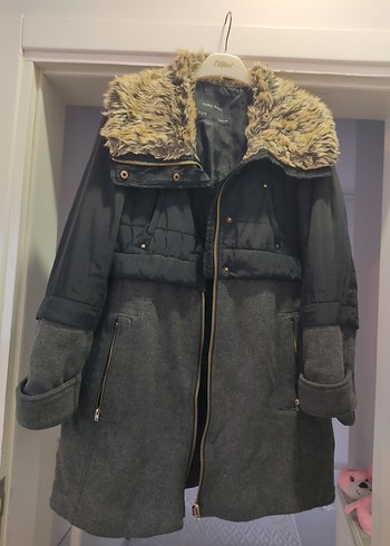 Gri Midi Kadın Ceket, Kürklü Yaka, Rahat Kesim - Görsel 2