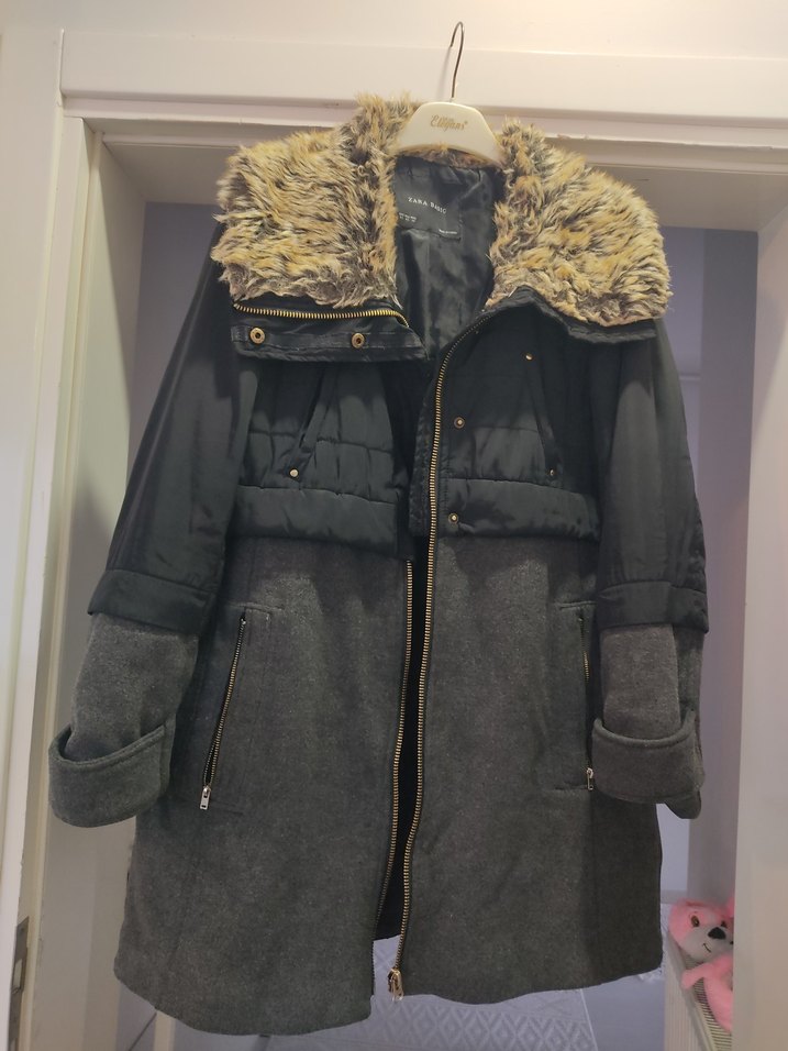 Gri Midi Kadın Ceket, Kürklü Yaka, Rahat Kesim - Görsel 2