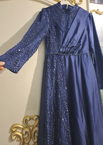 Mavi İşlemeli Uzun Kollu Abiye Elbise - Görsel 2
