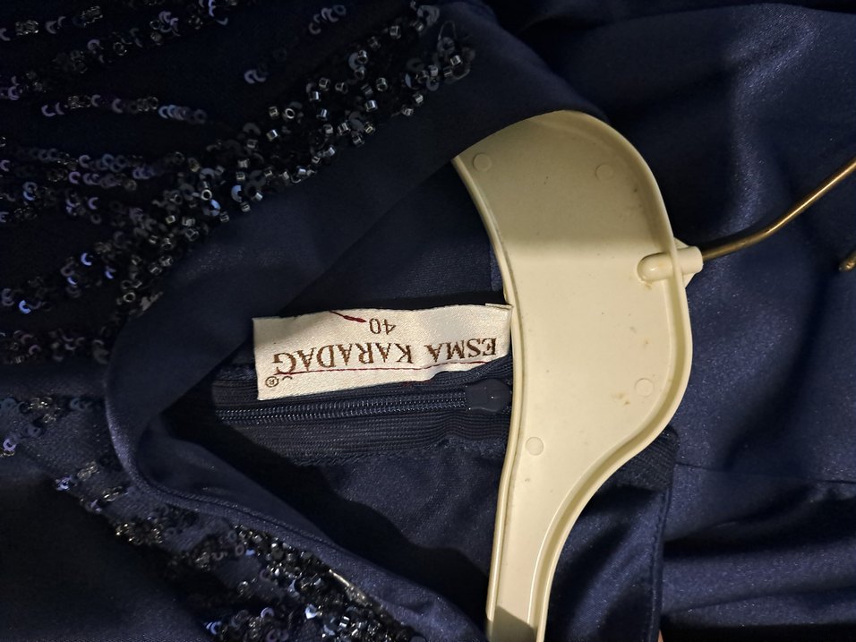 Mavi İşlemeli Uzun Kollu Abiye Elbise - Görsel 5