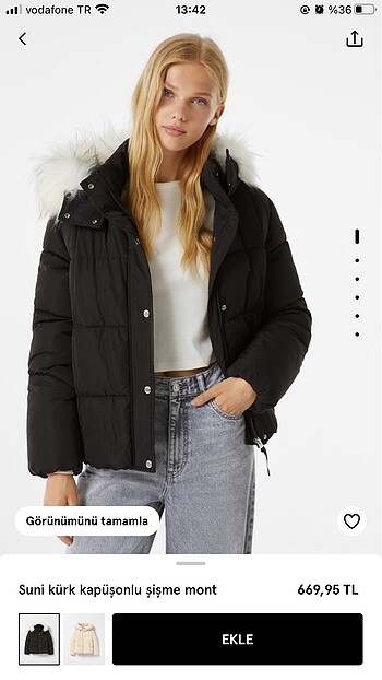 bershka şişme mont suni kürk kapüşonlu