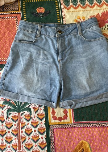 Bohem Gri Mavi Mini Denim Şort