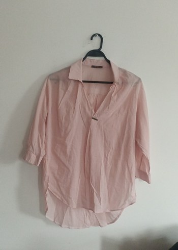 Pembe Keten Gömlek, Düğmeli, Kısa Kollu