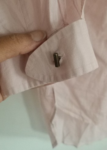 s Beden Pembe Keten Gömlek, Düğmeli, Kısa Kollu