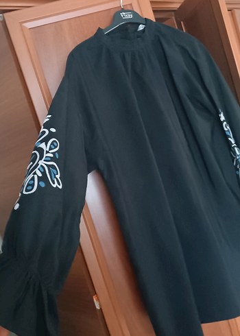 Penti Nakışlı Siyah Hamile Bluzu, Uzun Kol, Salaş