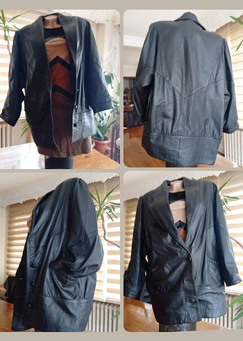 %100 Gentuıne Leather Vatkalı Drapeli Siyah  1980s Vintage Ceket - Görsel 10