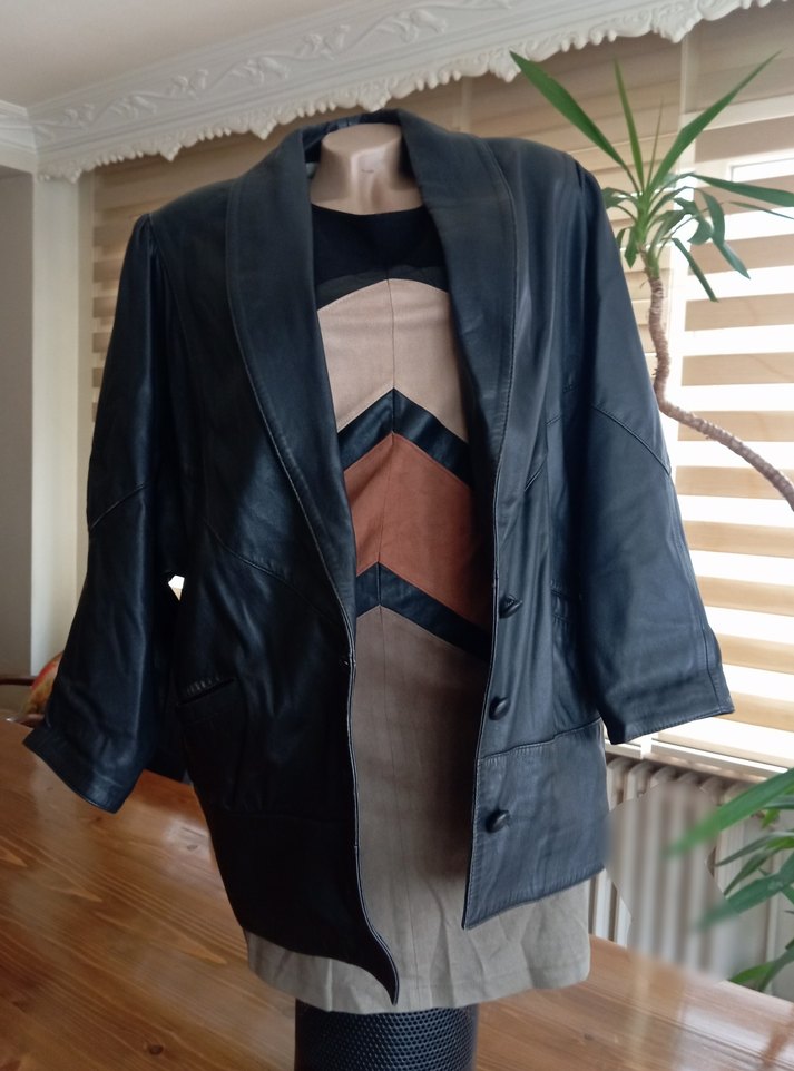 %100 Gentuıne Leather Vatkalı Drapeli Siyah  1980s Vintage Ceket - Görsel 3
