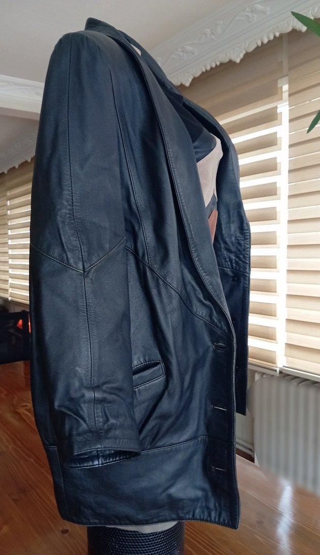 %100 Gentuıne Leather Vatkalı Drapeli Siyah  1980s Vintage Ceket - Görsel 4