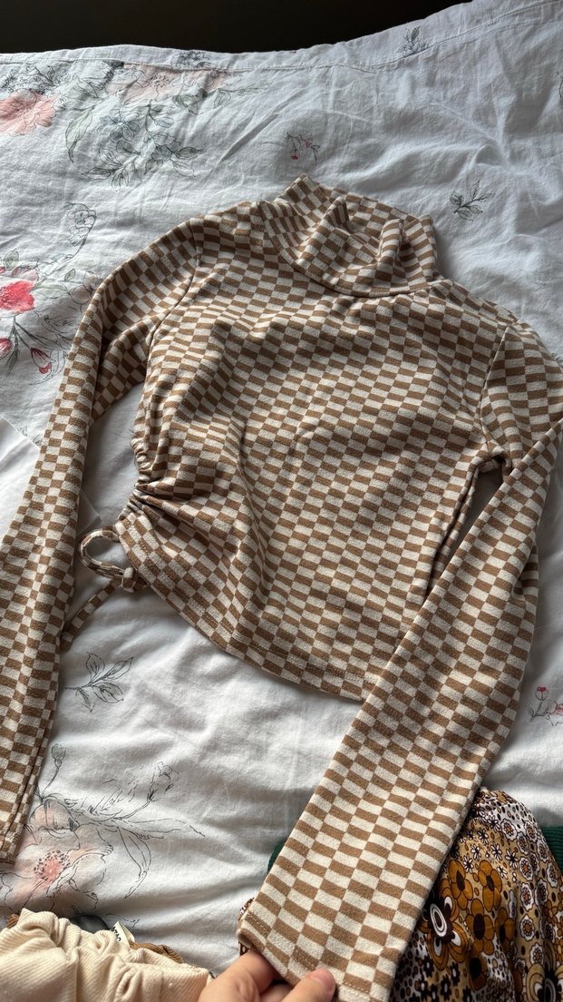 Koton bej kareli bel detay üst - Görsel 2