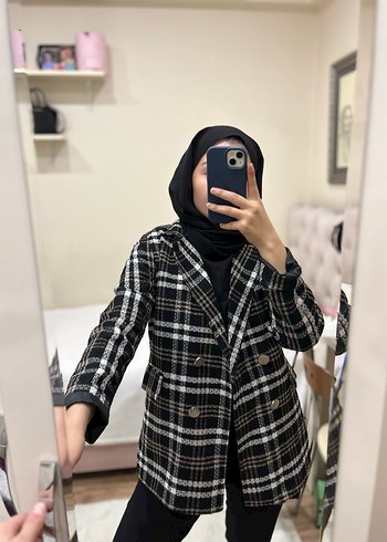Düğmeli Siyah Ekose Kadın Blazer