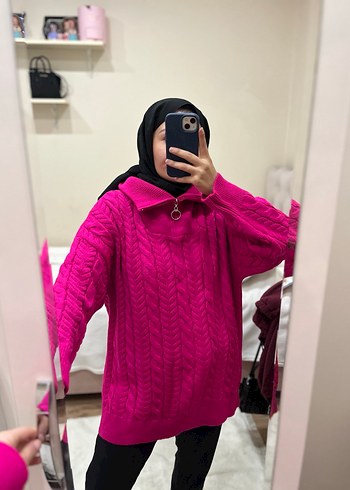 Yüksek Yaka Pembe Örgü Kadın Kazak