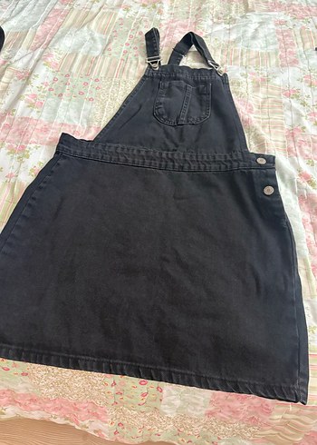 Kadın Siyah Askılı Denim Mini Salopet - Görsel 2