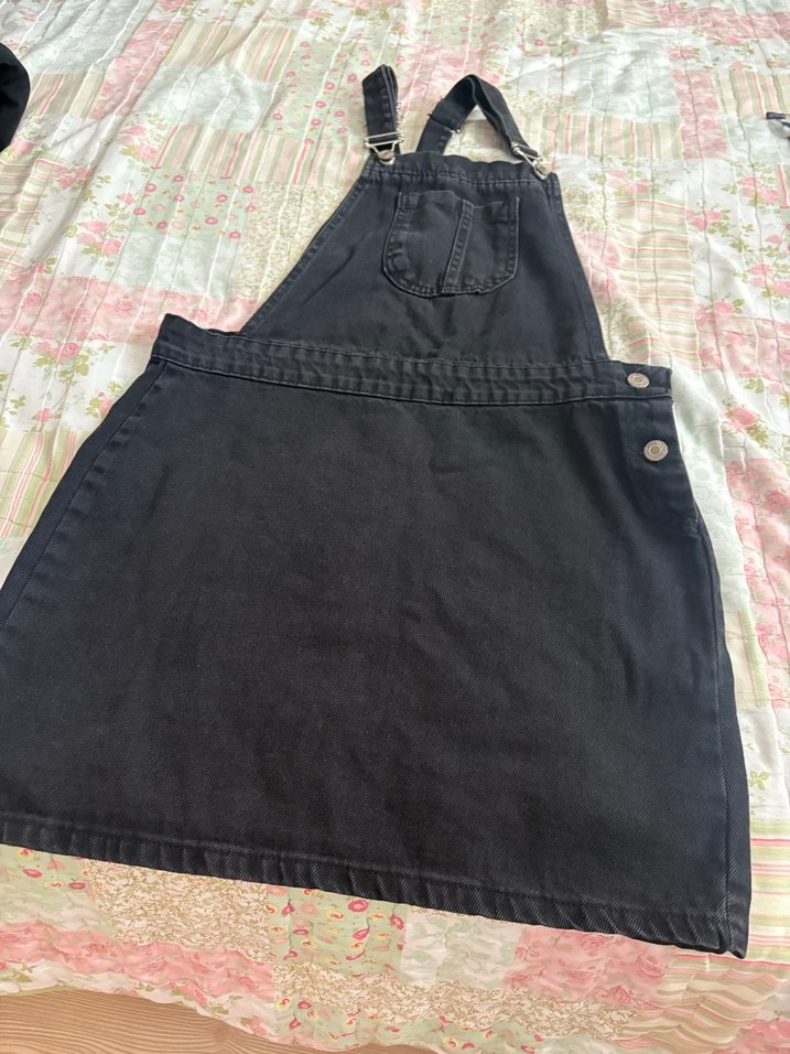 Kadın Siyah Askılı Denim Mini Salopet - Görsel 2