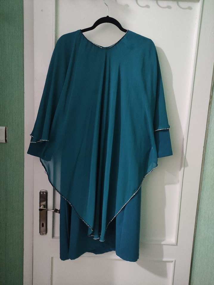 Turkuaz Drapeli Uzun Tunik abiye - Görsel 2