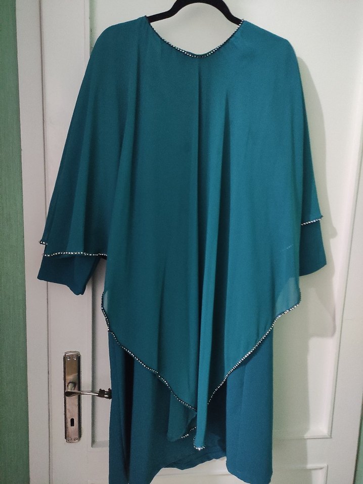 Turkuaz Drapeli Uzun Tunik abiye - Görsel 3