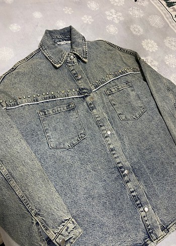 l Beden Düğmeli Gri Kadın Denim Ceket