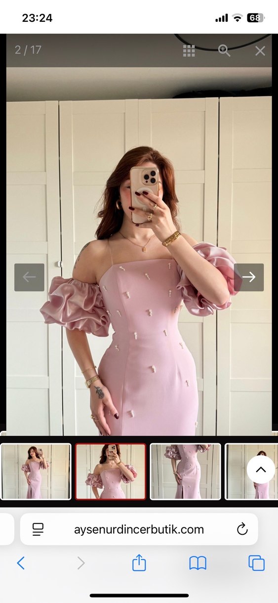 Pembe Straplez Nakışlı Uzun Abiye - Görsel 2