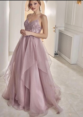 Kayra Pastel Pembe İşlemeli Drapeli Uzun Abiye