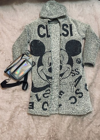 Kapüşonlu Gri Kız Hırka Mickey Baskılı - Görsel 5