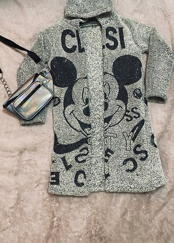 Kapüşonlu Gri Kız Hırka Mickey Baskılı - Görsel 6