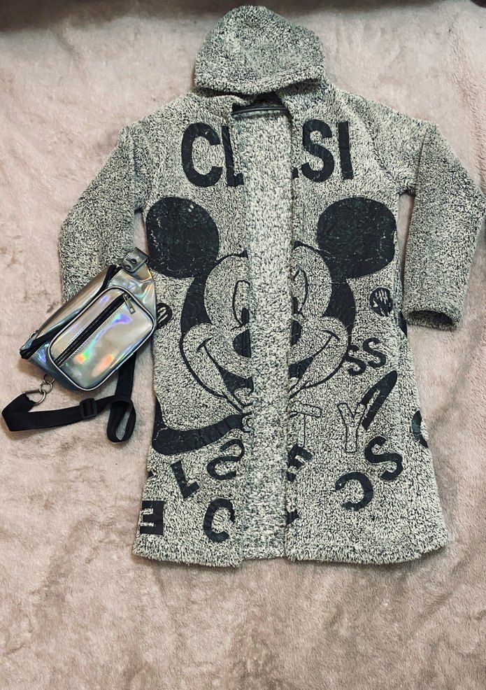 Kapüşonlu Gri Kız Hırka Mickey Baskılı - Görsel 5