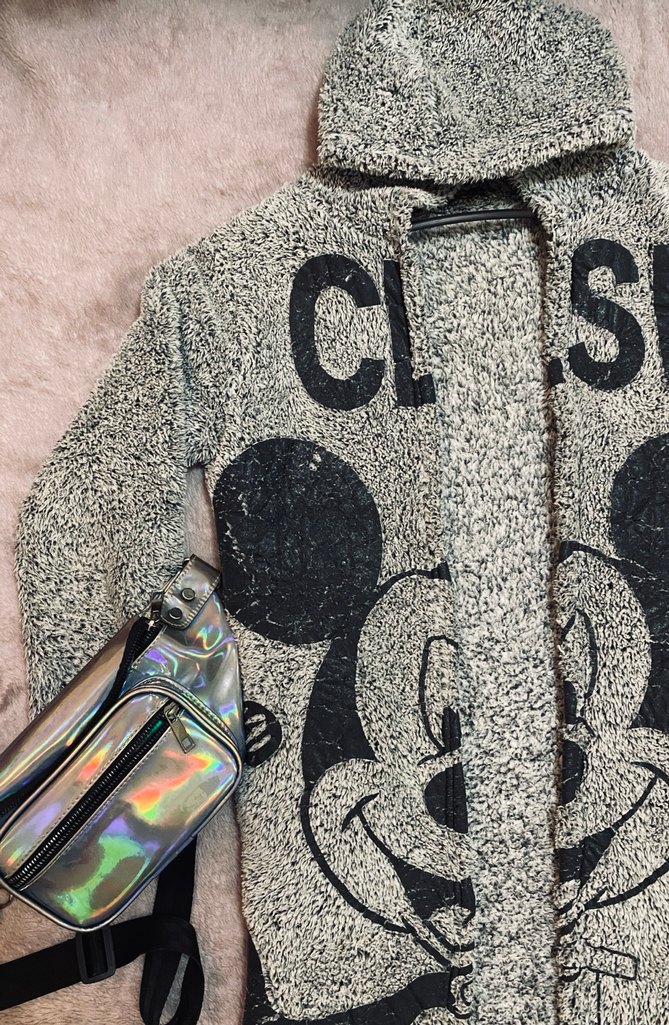 Kapüşonlu Gri Kız Hırka Mickey Baskılı - Görsel 3