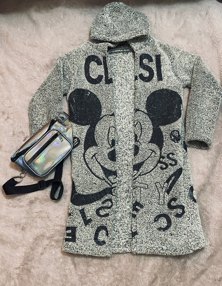Kapüşonlu Gri Kız Hırka Mickey Baskılı - Görsel 4
