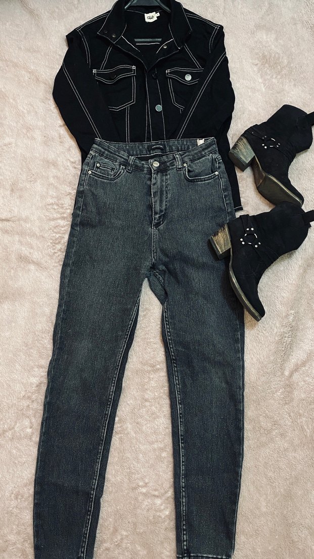 Kombin. Gri Kadın Denim Ceket, Salaş Kesim, Sokak Stili - Görsel 3