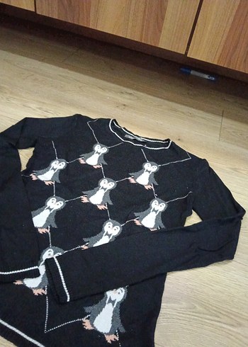 Siyah Uzun Kollu Örgü Penguenli Kazak - Görsel 3