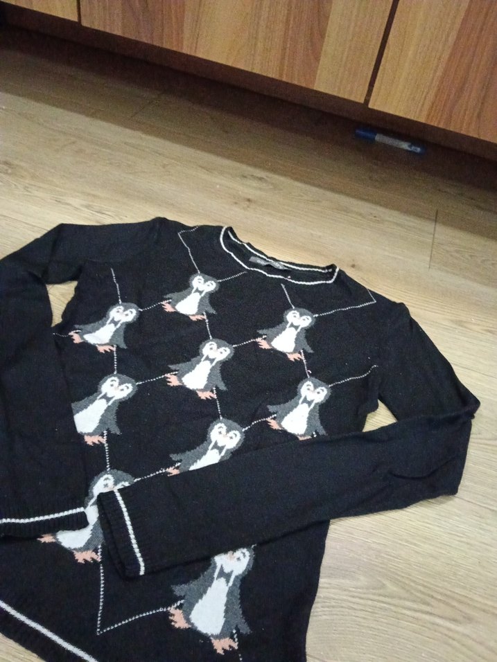 Siyah Uzun Kollu Örgü Penguenli Kazak - Görsel 3