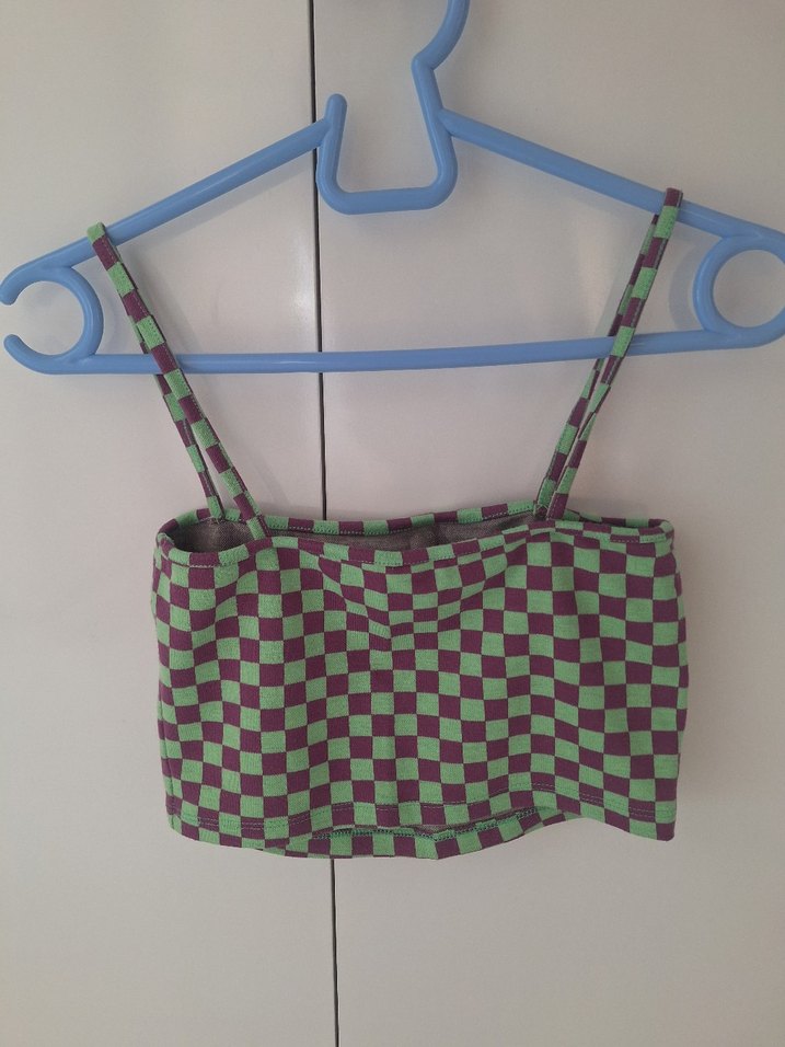 Yeşil Mor Kareli Mini Crop Top - Görsel 2