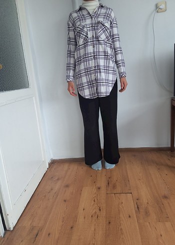 Mor Ekose Desenli Uzun Kollu Kadın Gömlek - Görsel 3