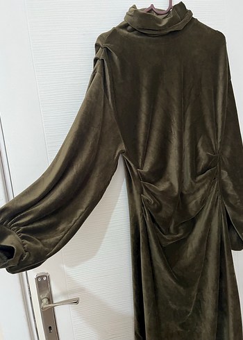 Uzun Kollu Drapeli Haki Kadın Elbise - Görsel 4