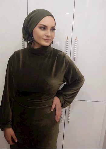 Uzun Kollu Drapeli Haki Kadın Elbise - Görsel 2