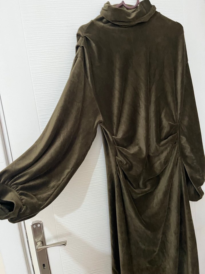 Uzun Kollu Drapeli Haki Kadın Elbise - Görsel 5