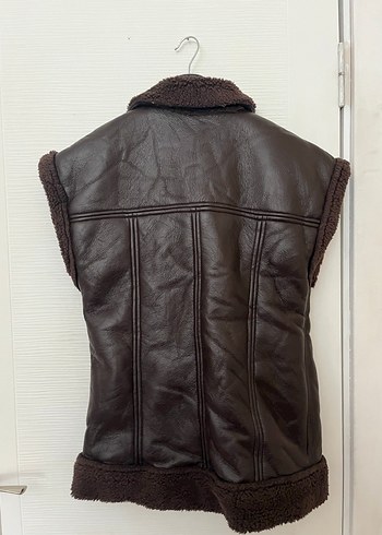 Kürklü Kahverengi Deri Kolsuz Biker Ceket - Görsel 4