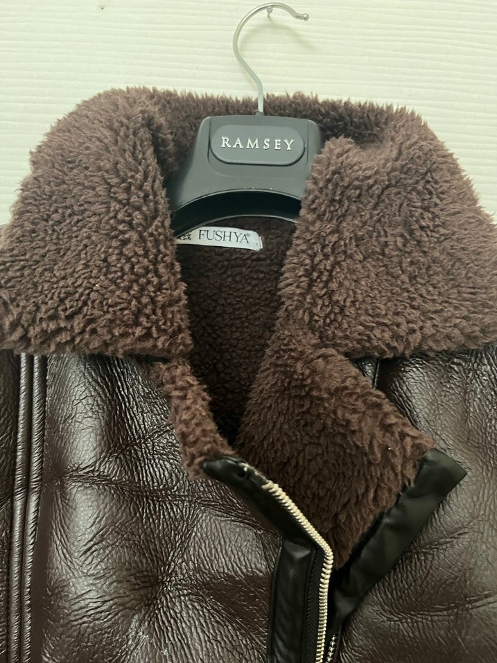 Kürklü Kahverengi Deri Kolsuz Biker Ceket - Görsel 3