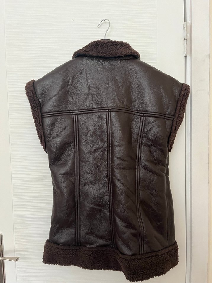 Kürklü Kahverengi Deri Kolsuz Biker Ceket - Görsel 4