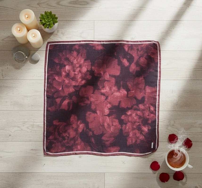 Bordo tonlarında desenli şık eşarp - Görsel 3