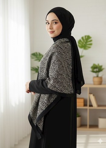 Leopar desenli siyah eşarp  dökümlü yumuşak kumaş - Görsel 3