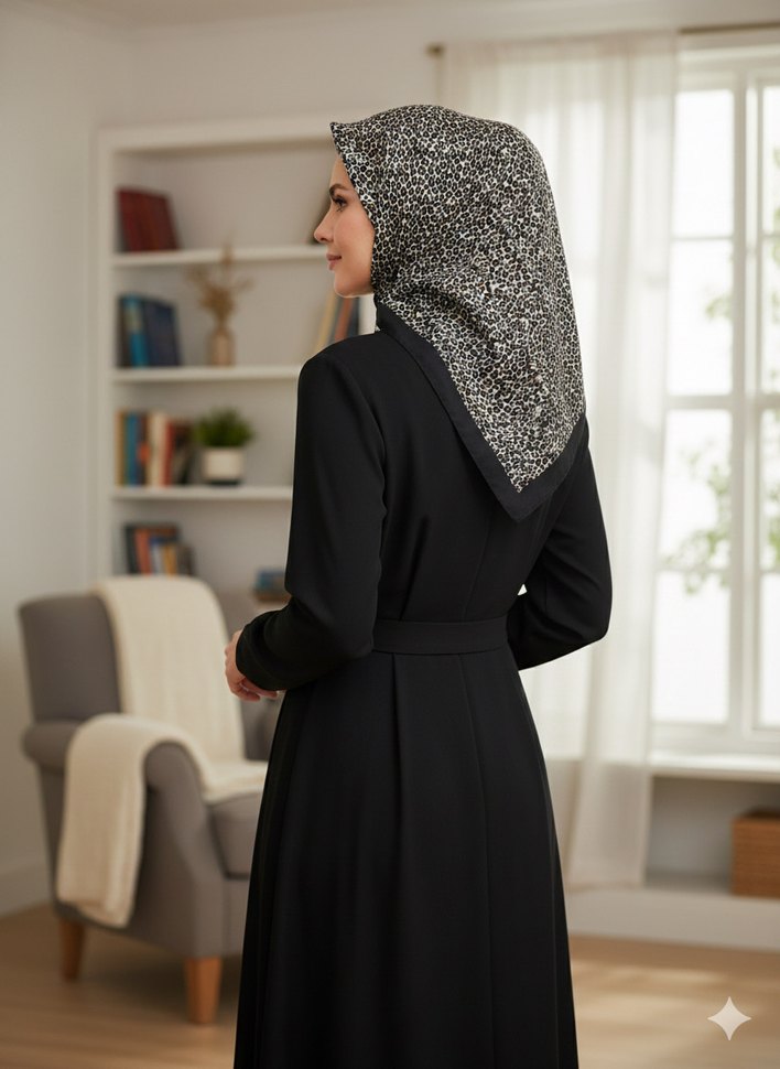 Leopar desenli siyah eşarp  dökümlü yumuşak kumaş - Görsel 4