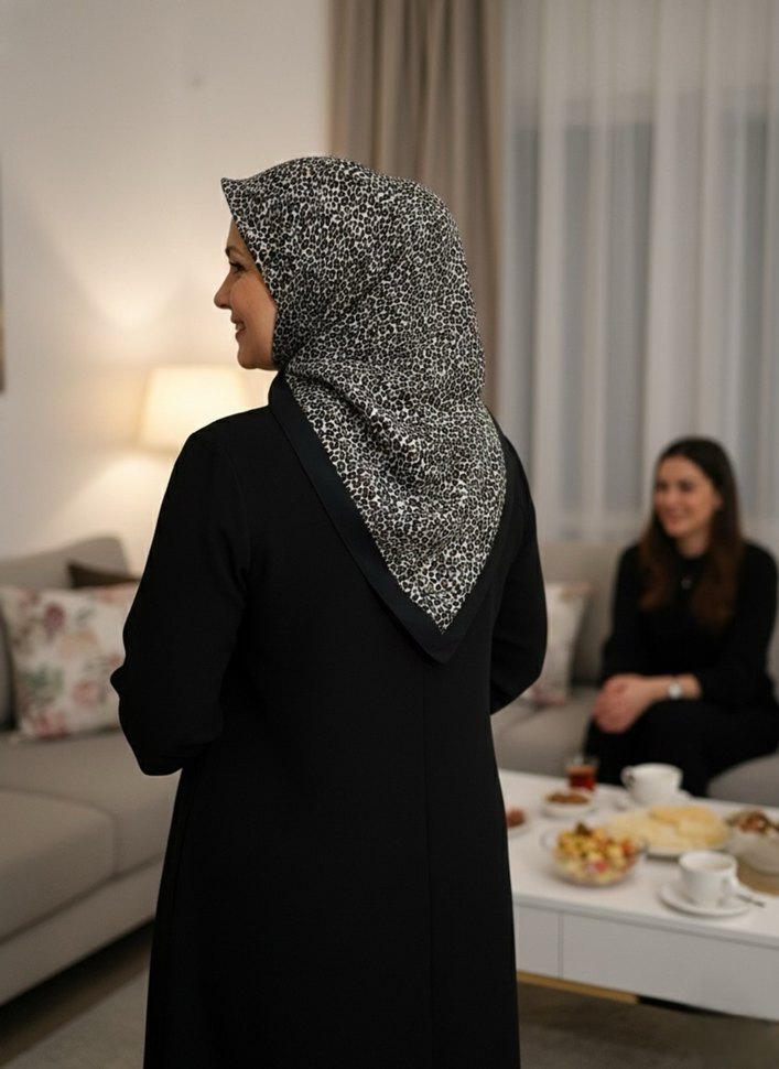 Leopar desenli siyah eşarp  dökümlü yumuşak kumaş - Görsel 5