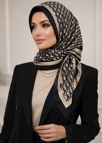 Siyah krem tonlarında Dior tarzı desenli şık eşarp - Görsel 2