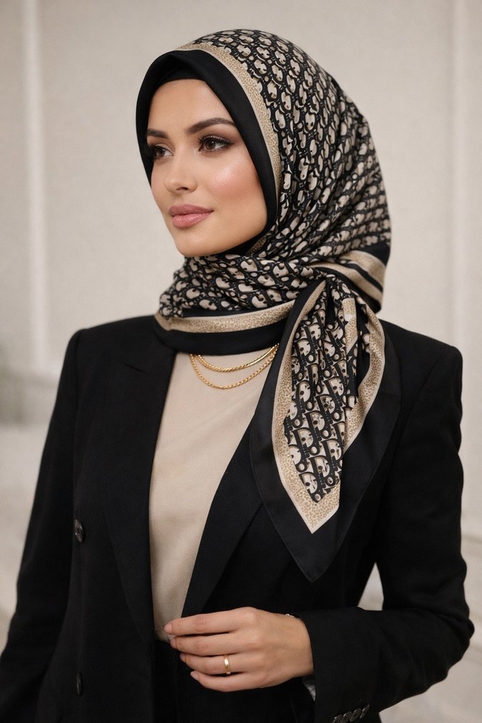 Siyah krem tonlarında Dior tarzı desenli şık eşarp - Görsel 2