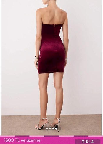 Bordo Straplez Drapeli Mini Abiye Elbise - Görsel 3