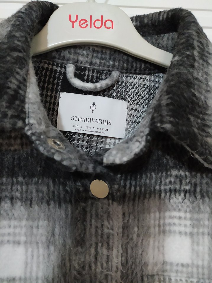 Stradivarius Gri Ekoseli Düğmeli Kaşe Ceket - Görsel 3